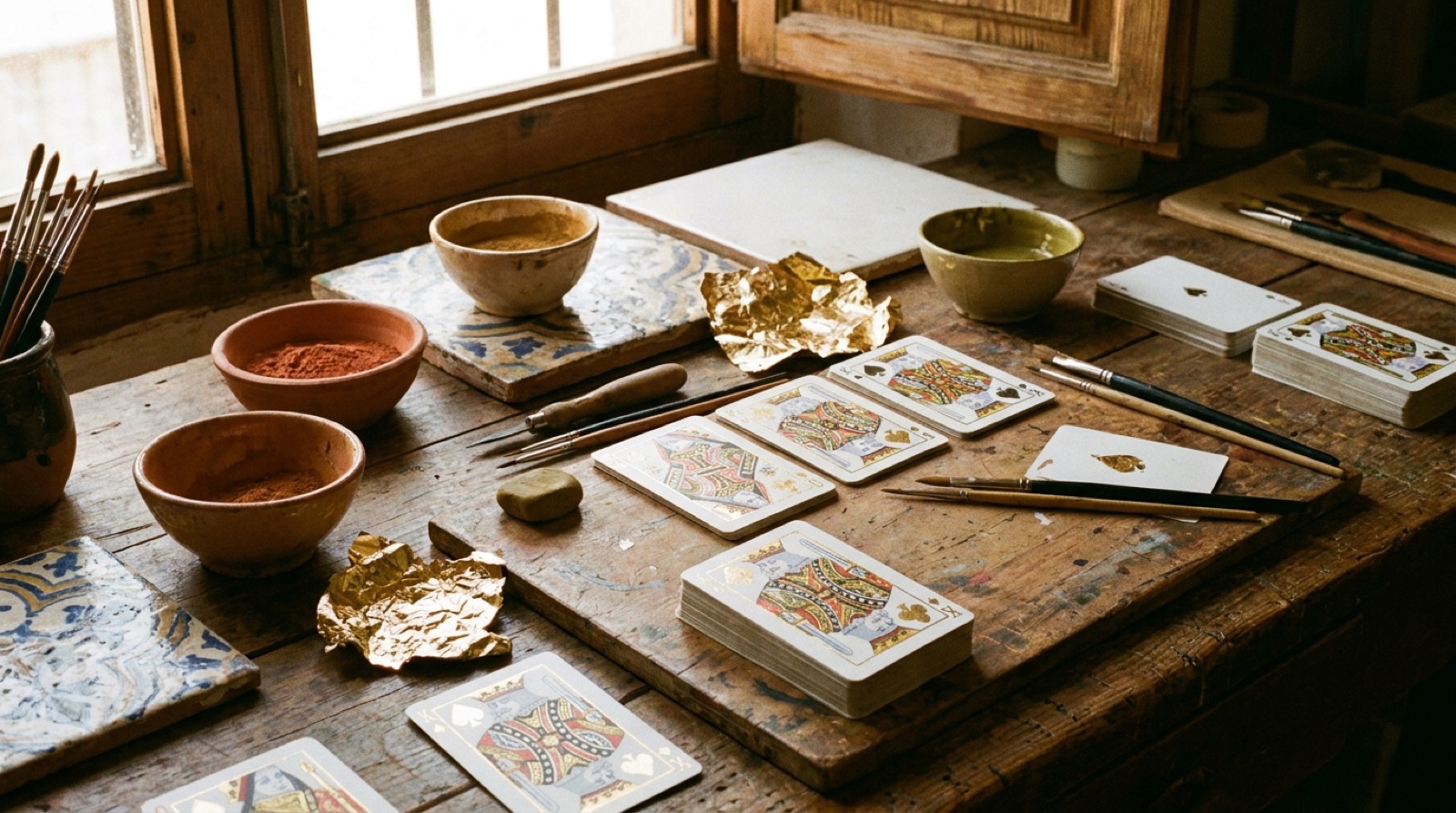 A craftsman's workbench with hand-painted playing cards, brushes and gold leaf